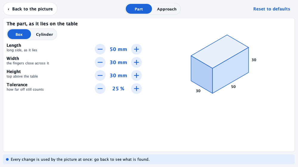 The Options screen, Part tab: box or cylinder, length 50 mm, width 30 mm, height 30 mm, tolerance 25 percent, with a dimensioned drawing of the box.